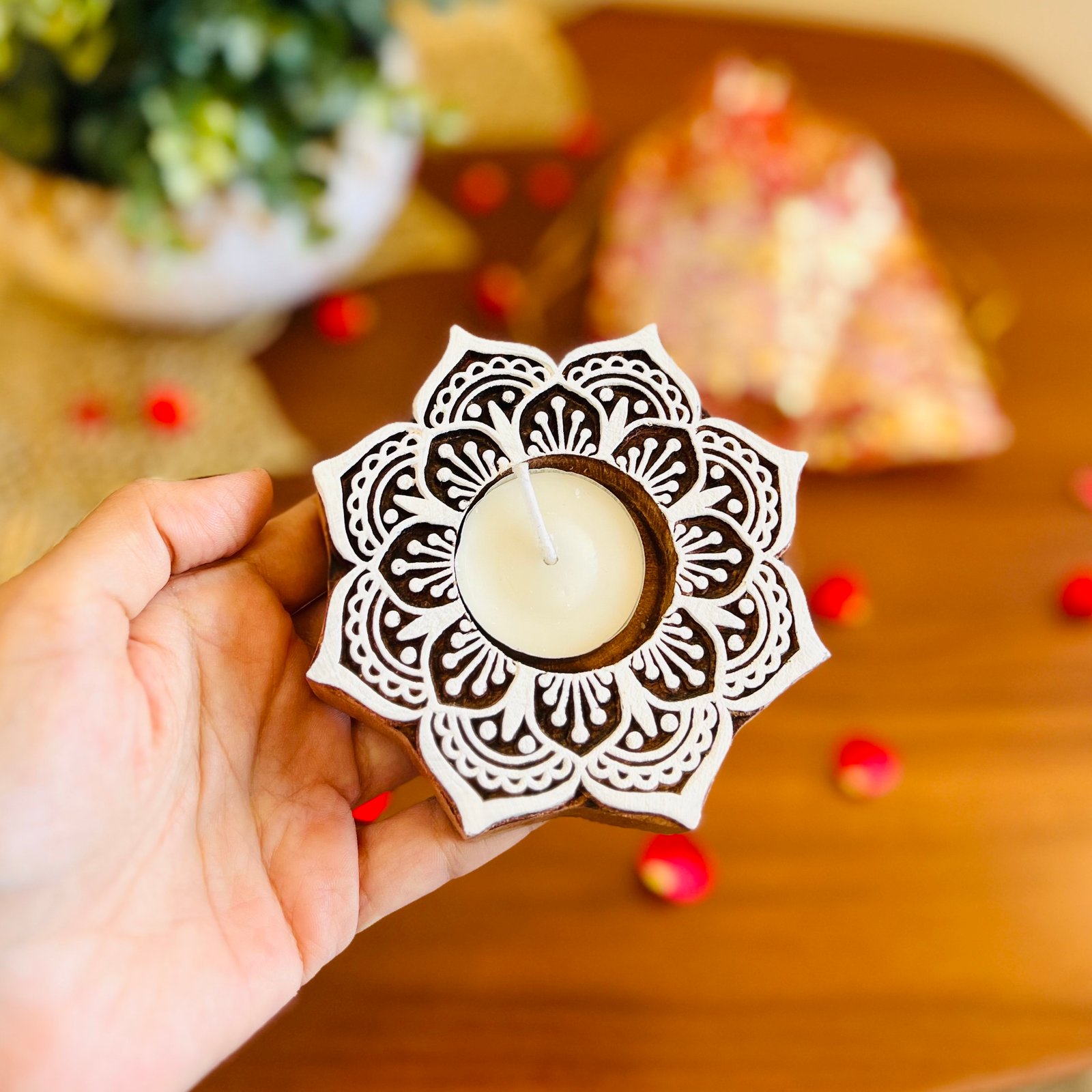 Wooden Block Tealight Holder (Mandala) - Image 2
