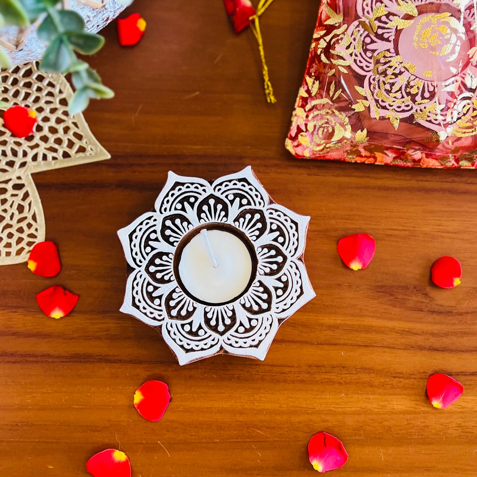 Wooden Block Tealight Holder (Mandala)