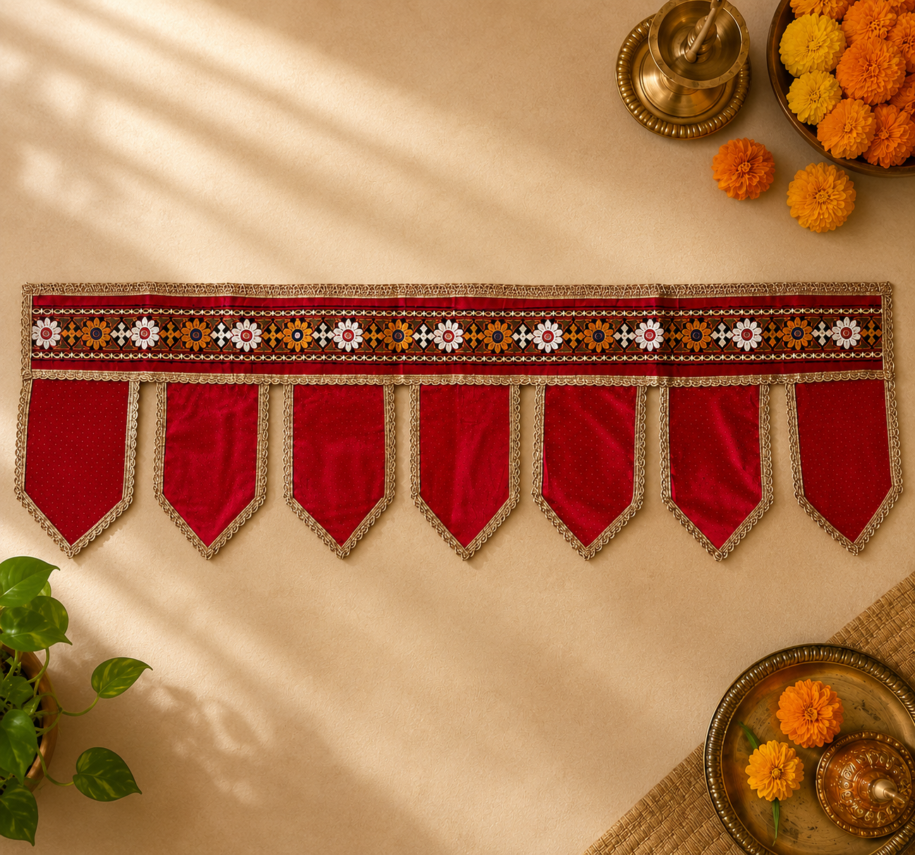 Silk Door Hanging Toran (Red Mirrorwork)