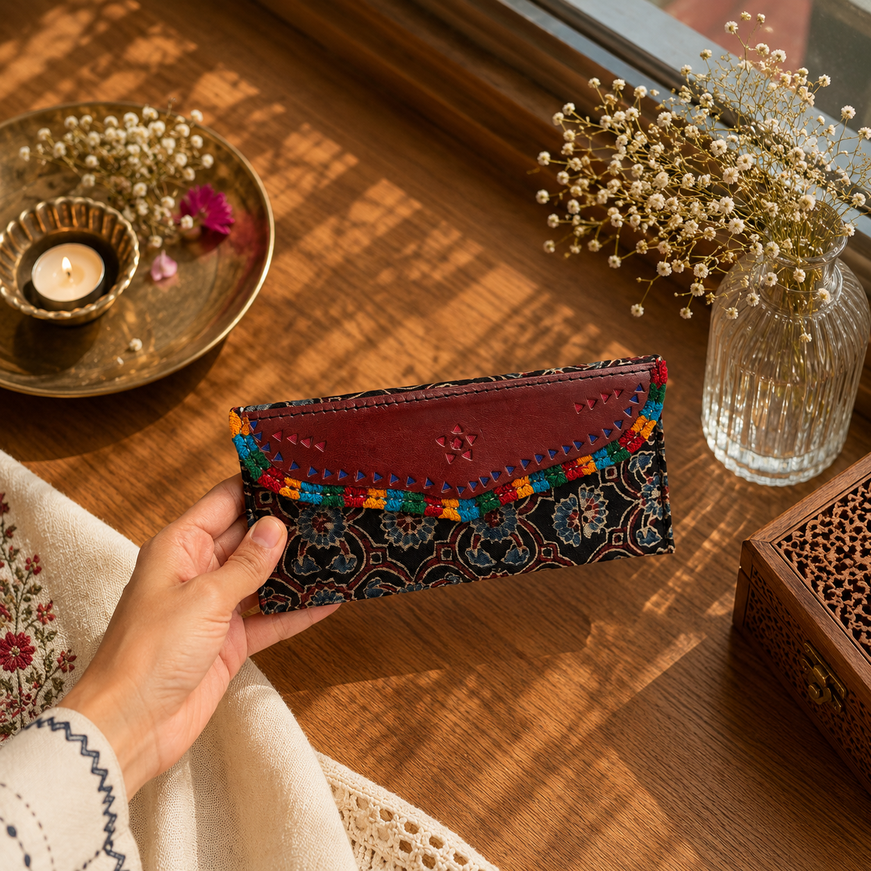 Gaji Silk & Leather Cash Wallet (Black Flower) - Image 2