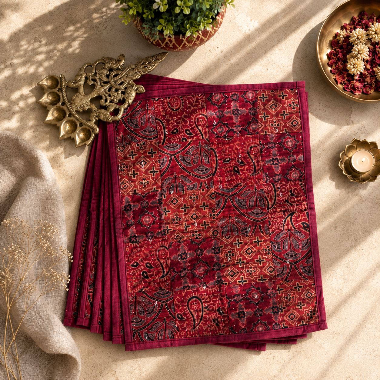 Cotton Ajrakh Placemats (Set of 6, Red) - Image 2