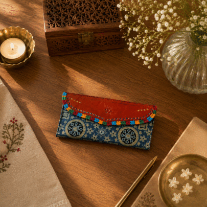 Gaji Silk & Leather Cash Wallet (Blue Circles)