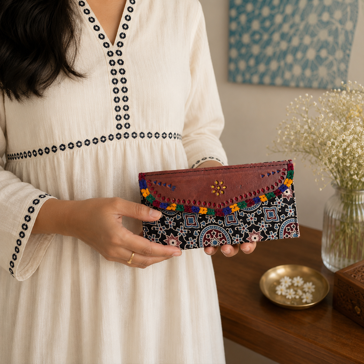 Gaji Silk & Leather Cash Wallet (Black Center Circle) - Image 3