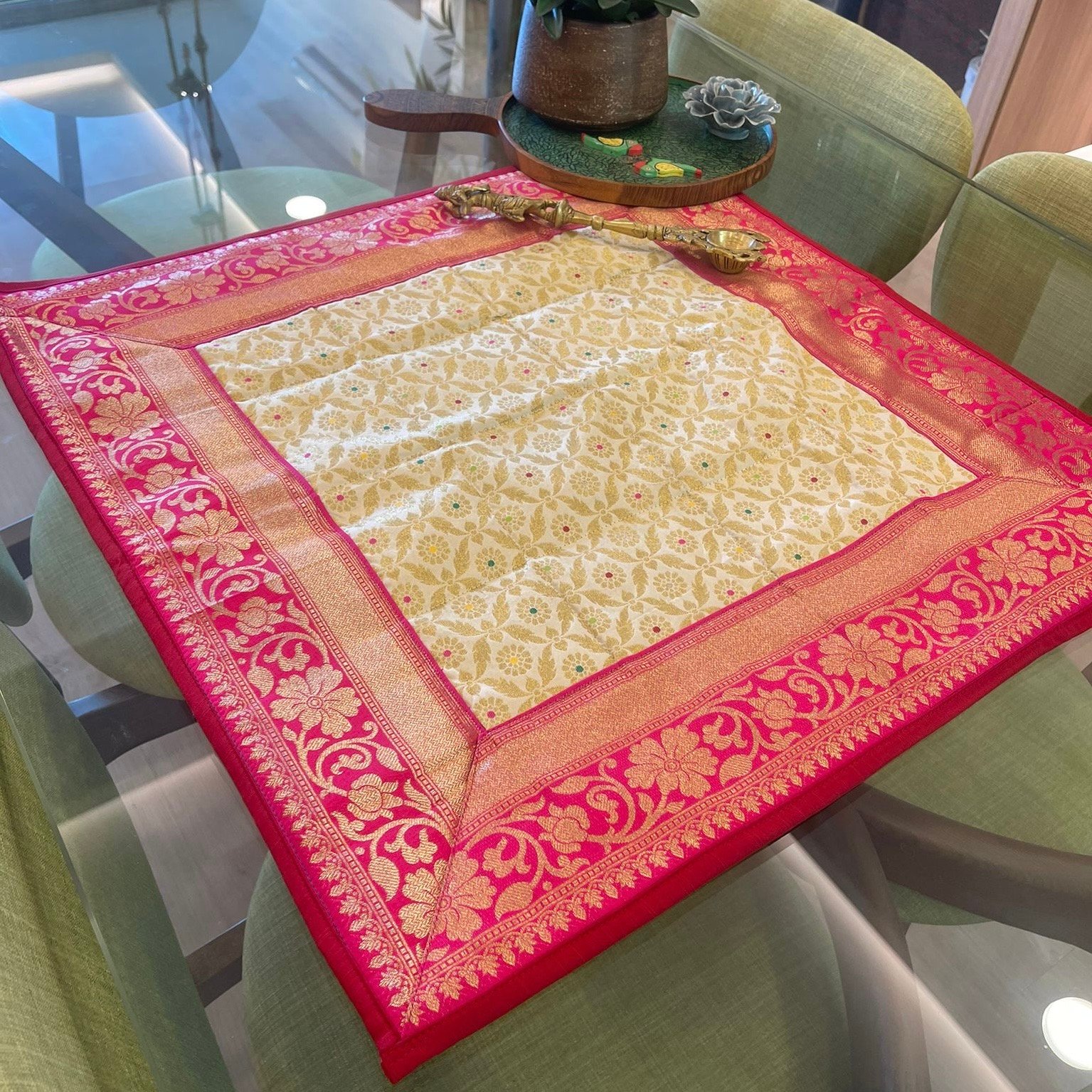 Brocade Silk Pooja Aasan (Cream) - Image 3