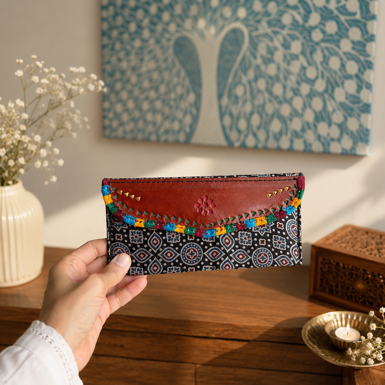 Gaji Silk & Leather Cash Wallet (Black Star Circle) - Image 2