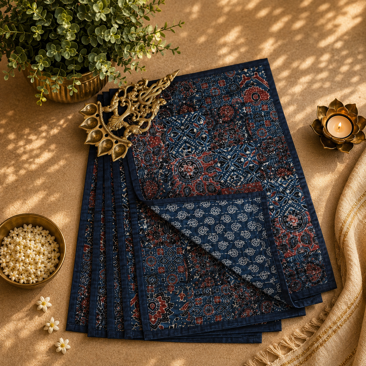 Cotton Ajrakh Placemats (Set of 6, Blue)