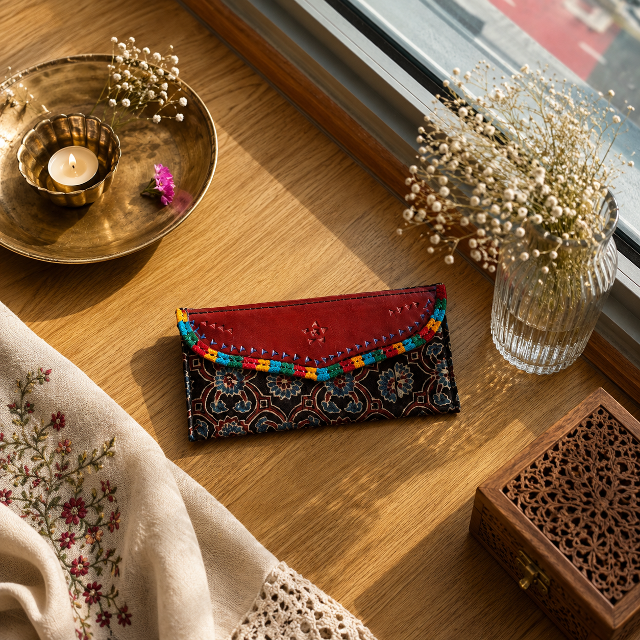 Gaji Silk & Leather Cash Wallet (Black Flower)