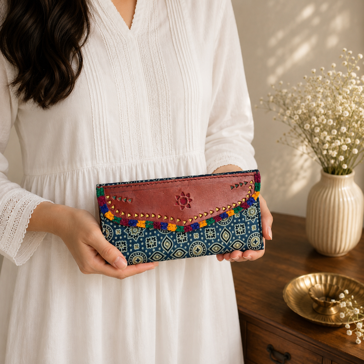 Gaji Silk & Leather Cash Wallet (Blue Green Pointed Star) - Image 3
