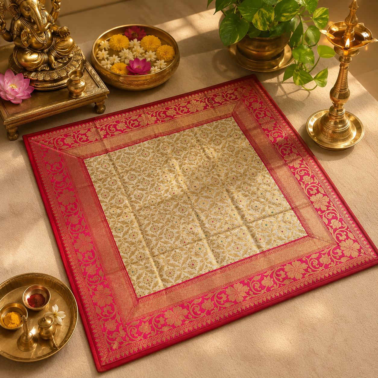 Brocade Silk Pooja Aasan (Cream)