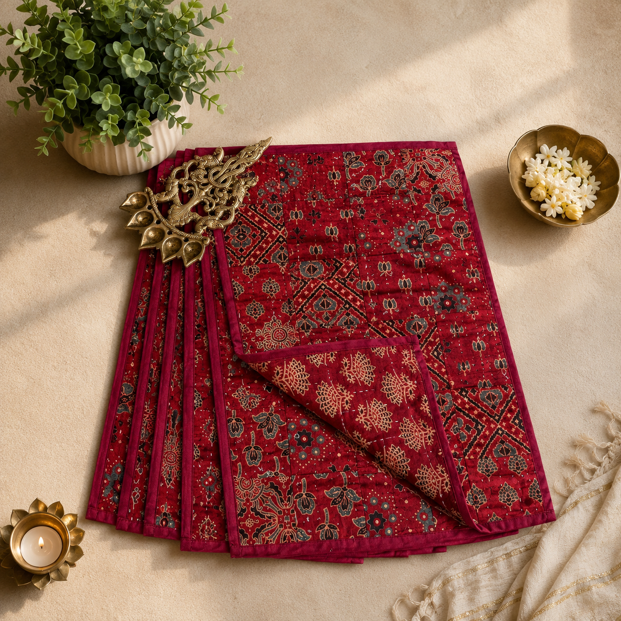 Cotton Ajrakh Placemats (Set of 6, Red)