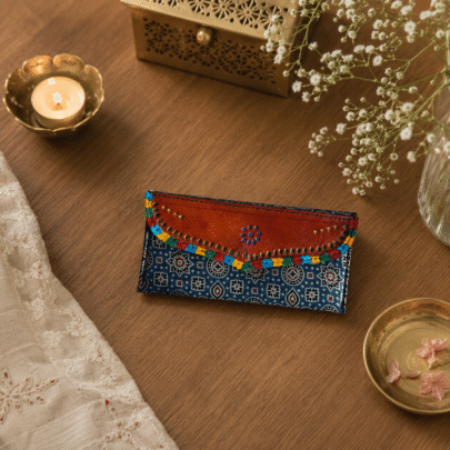 Gaji Silk & Leather Cash Wallet (Blue Red Pointed Star)