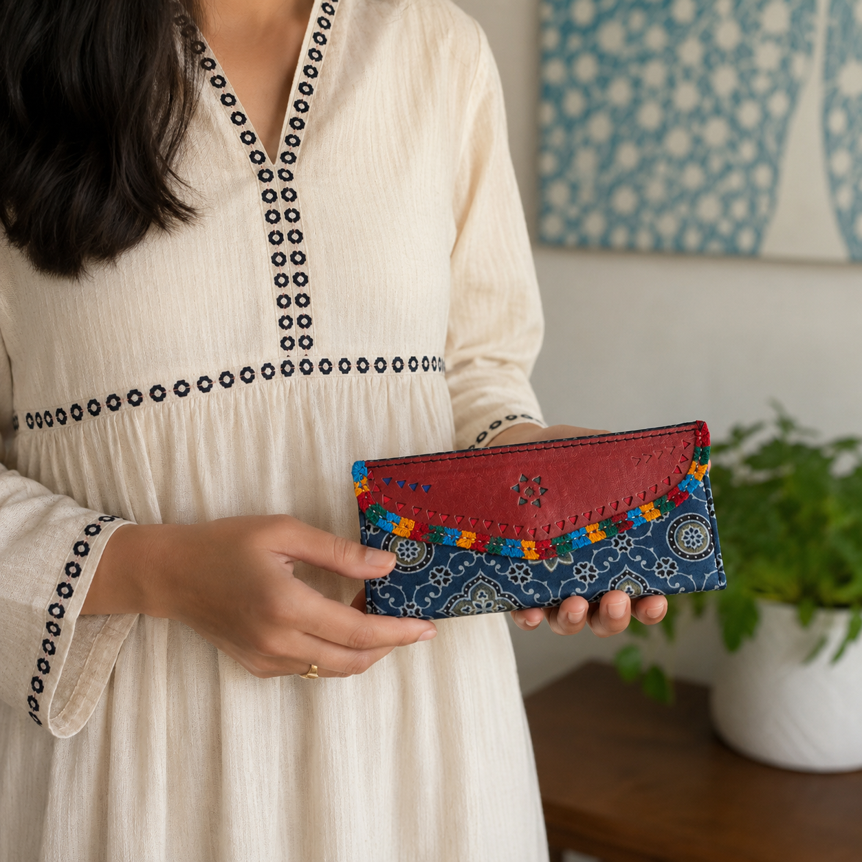 Gaji Silk & Leather Cash Wallet (Blue green) - Image 3