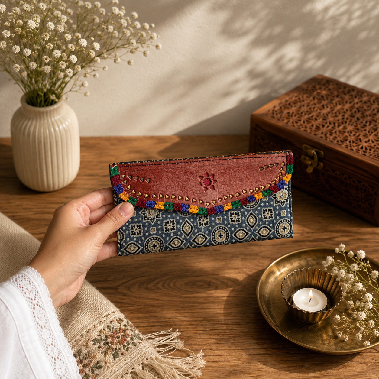 Gaji Silk & Leather Cash Wallet (Blue Green Pointed Star) - Image 2