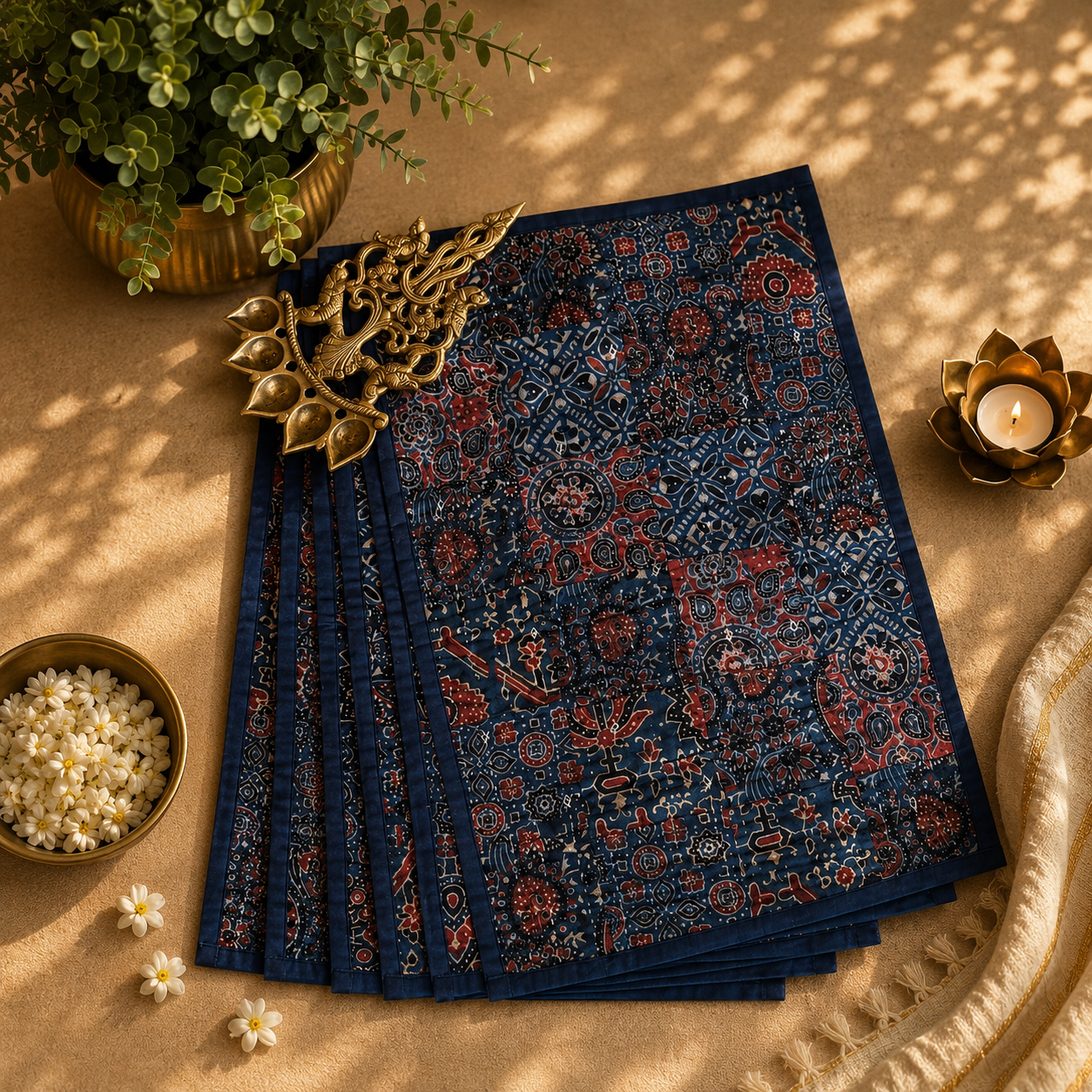Cotton Ajrakh Placemats (Set of 6, Blue) - Image 2