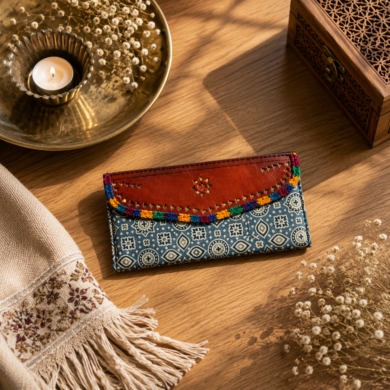 Gaji Silk & Leather Cash Wallet (Blue Green Pointed Star)