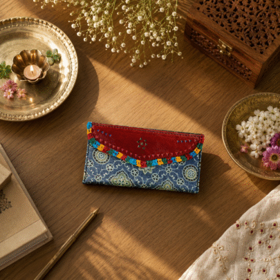 Gaji Silk & Leather Cash Wallet (Blue green)