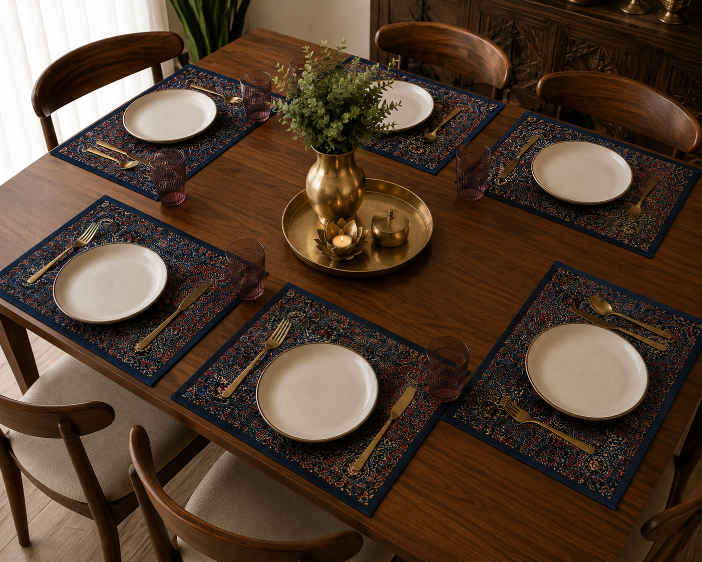 Cotton Ajrakh Placemats (Set of 6, Blue) - Image 5