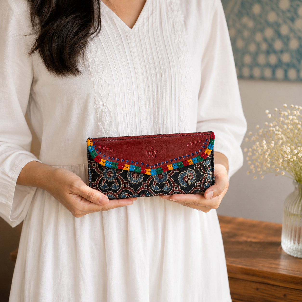Gaji Silk & Leather Cash Wallet (Black Flower) - Image 3