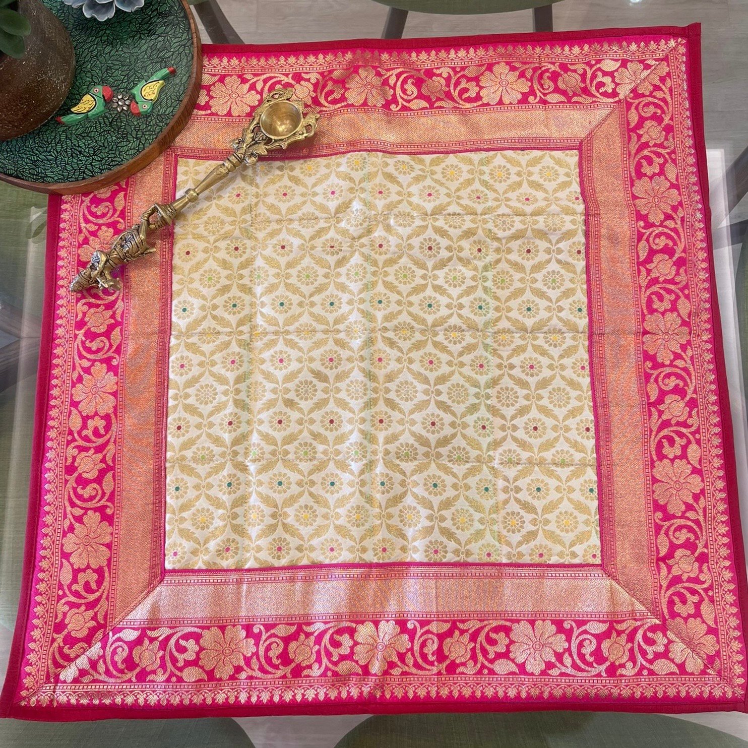 Brocade Silk Pooja Aasan (Cream) - Image 4