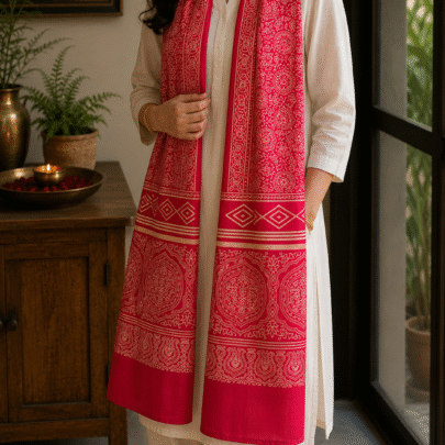 Mashru Silk Stole (Pink Geometric)