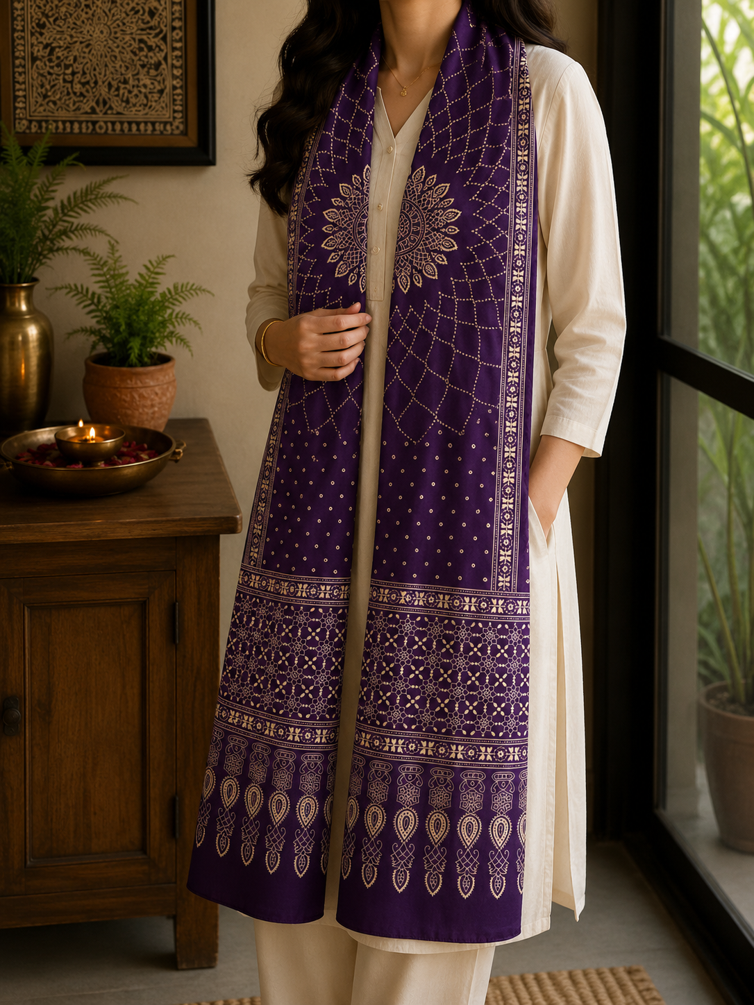 Mashru Silk Stole (Purple Flower Bandhini)