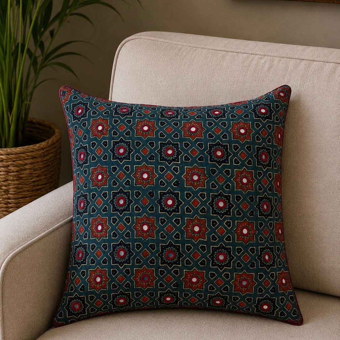 Cotton Ajrakh Mirror Work Cushion Cover (Green Star) - Image 2