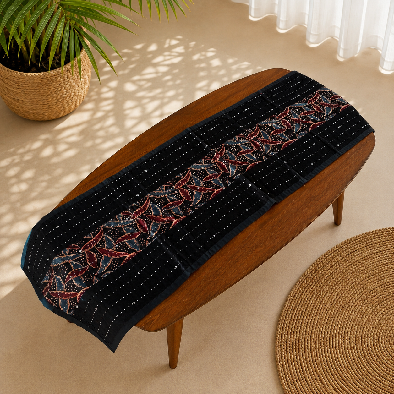 Mashru Silk Coffee Table Runner (Black Leaves)