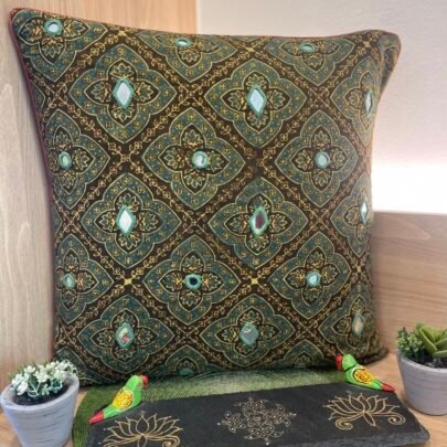 Cotton Ajrakh Mirror Work Cushion Cover (Green)