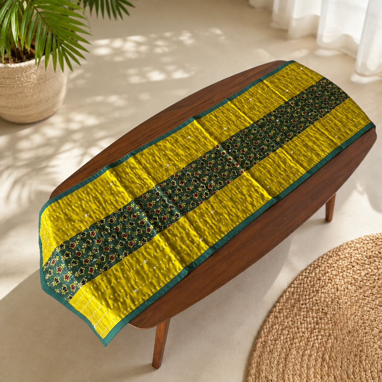 Mashru Silk Coffee Table Runner (Gold Green)
