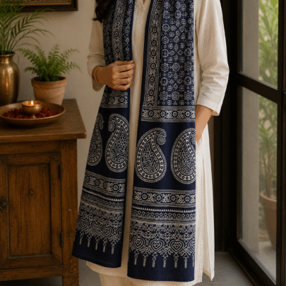 Mashru Silk Stole (Blue Ajrakh w Paisley)