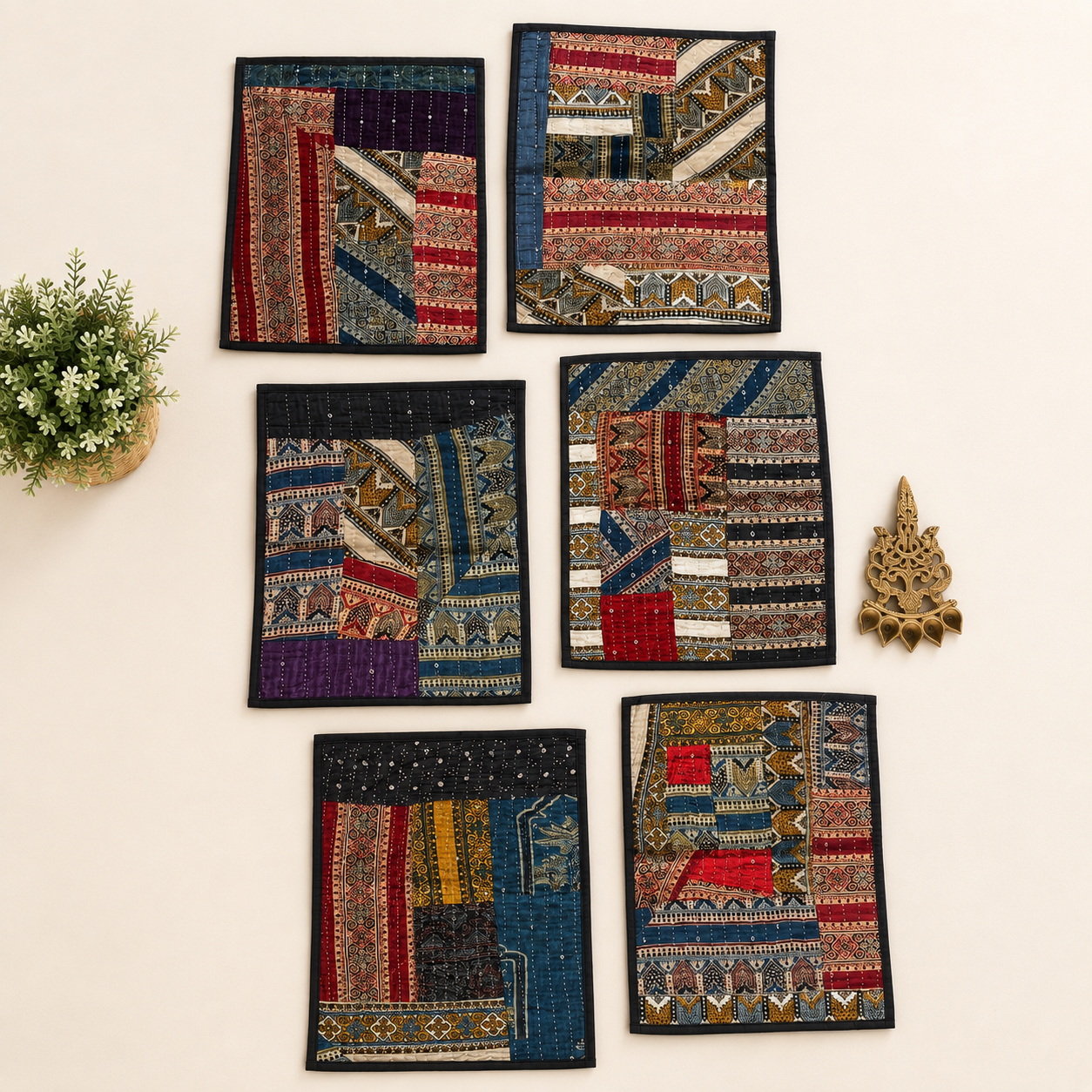 Mashru Silk Placemats (Set of 6, Multi colour & Multi design) - Image 2