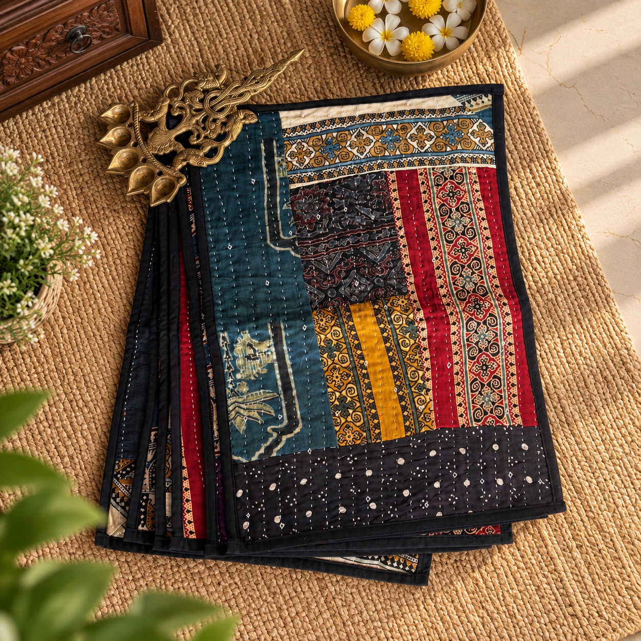 Mashru Silk Placemats (Set of 6, Multi colour & Multi design)
