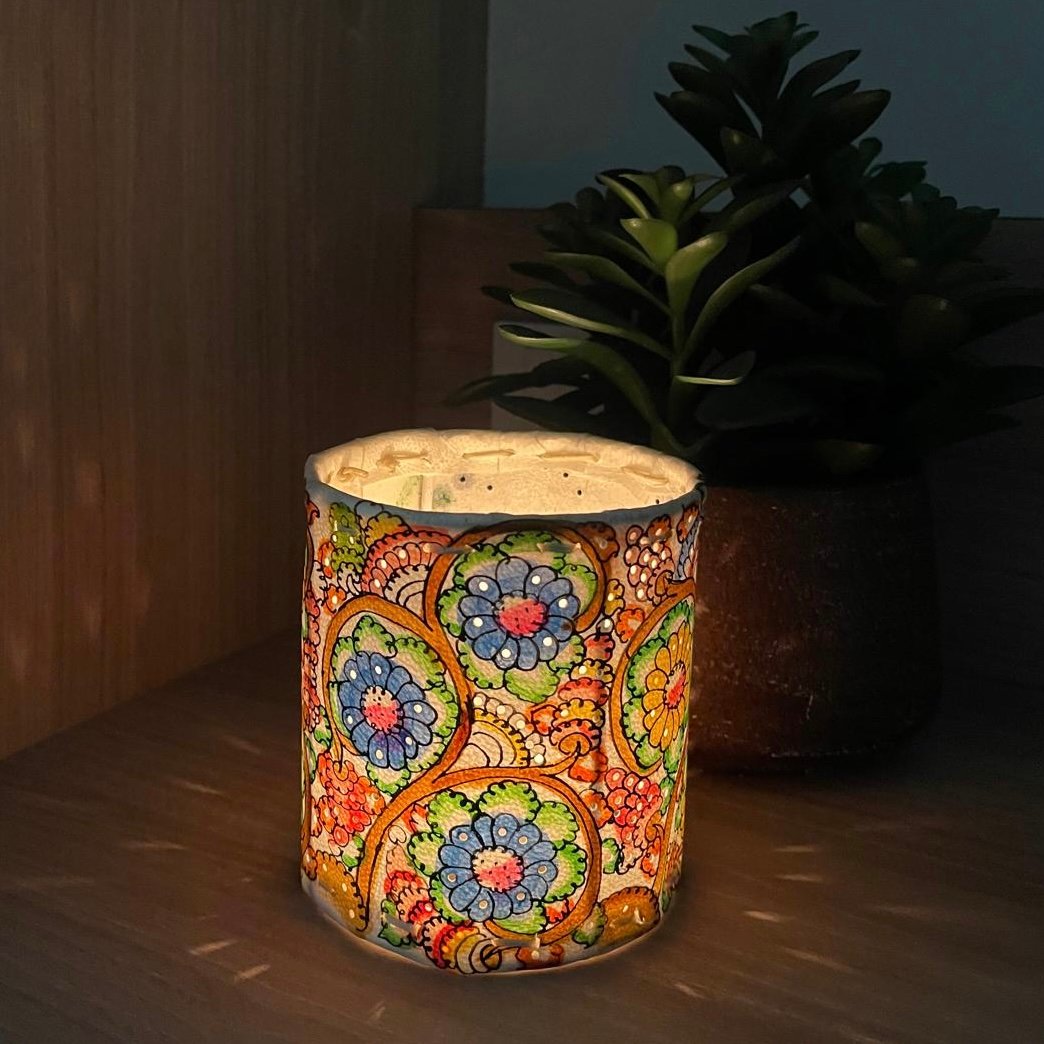 Hand painted Leather Tealight Holder (Tholu Bommalata - Pink Peacock) - Image 3