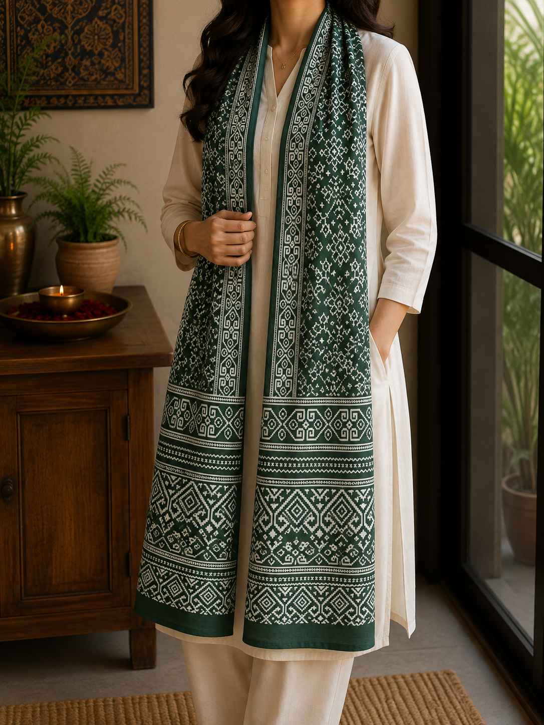 Mashru Silk Stole (Green Patola)
