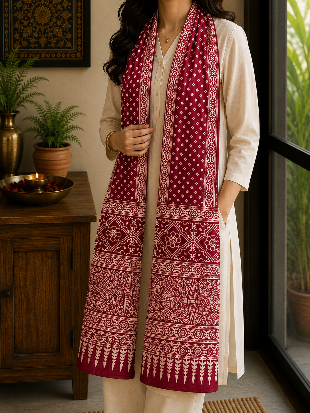 Mashru Silk Stole (Maroon Bandhini)