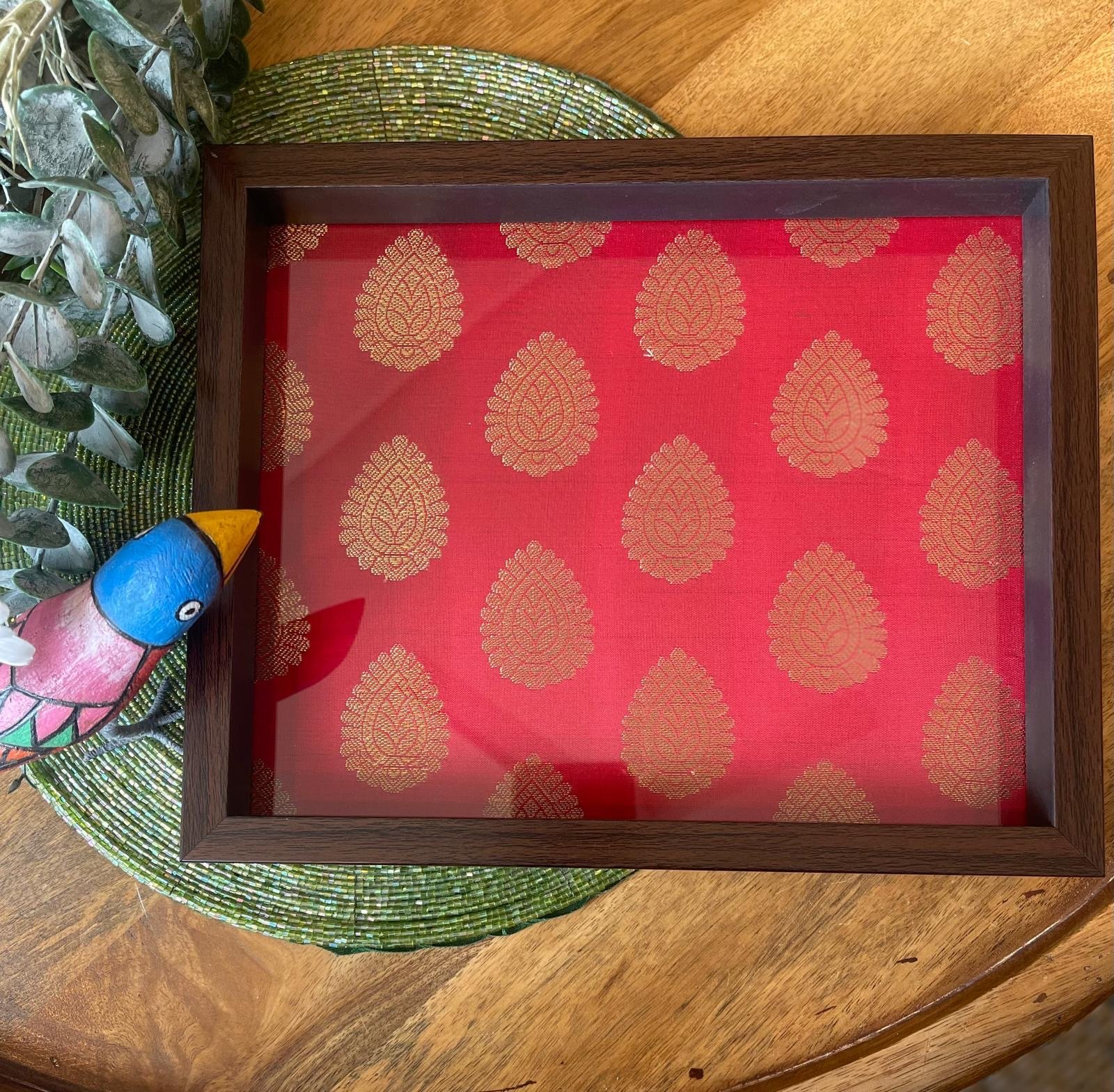 Brocade Silk Wooden Trays (11x9” Red Buttas)