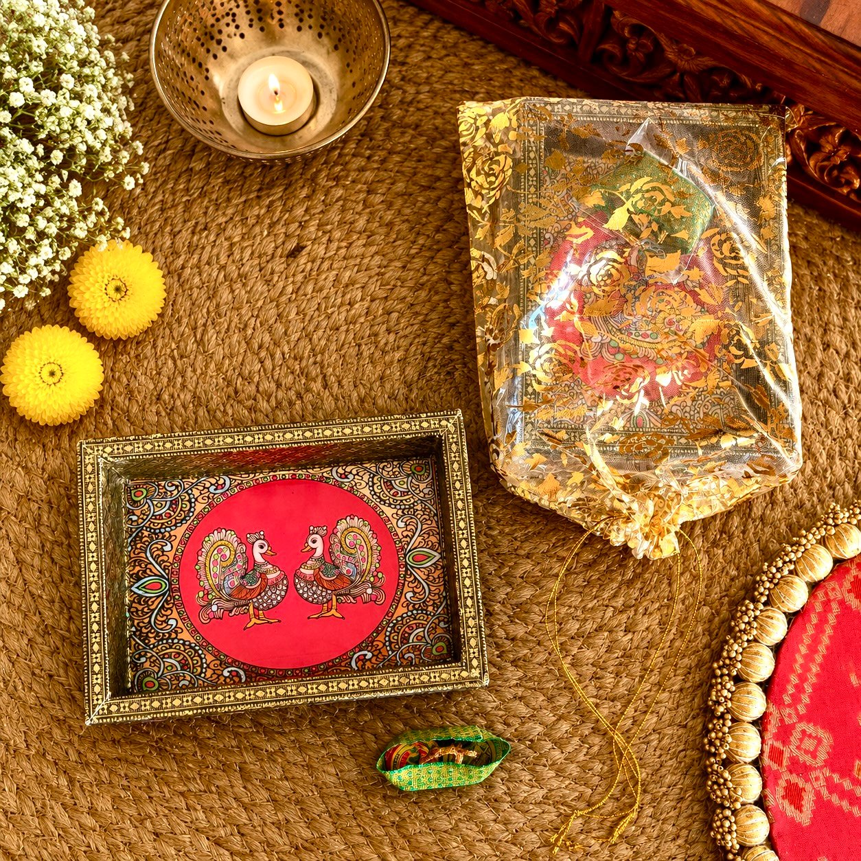 Decorative Tray & Haldi Kumkum Gift Set (Double Peacock)