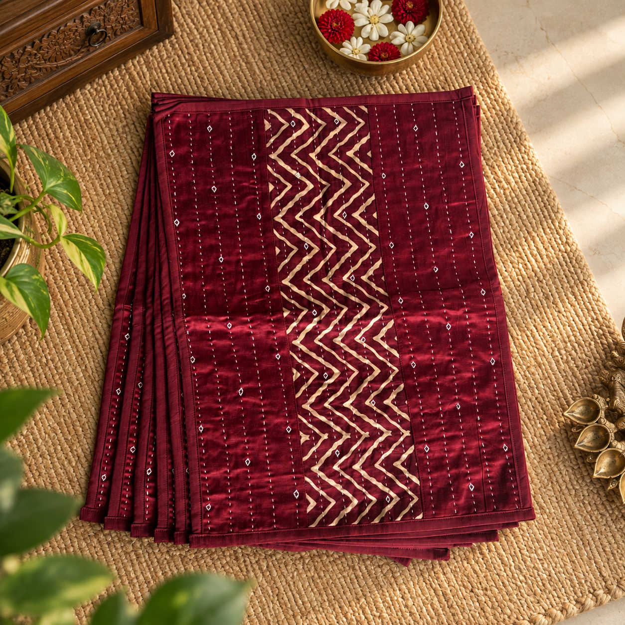 Mashru Silk Placemats (Set of 6, Maroon)