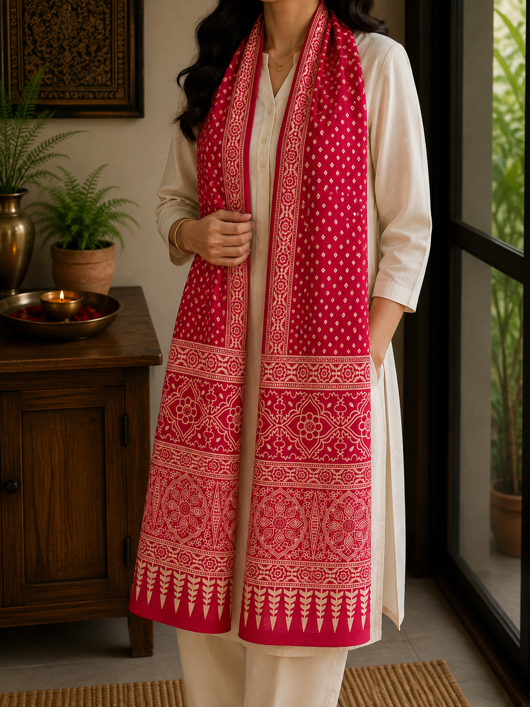 Mashru Silk Stole (Pink Bandhini)