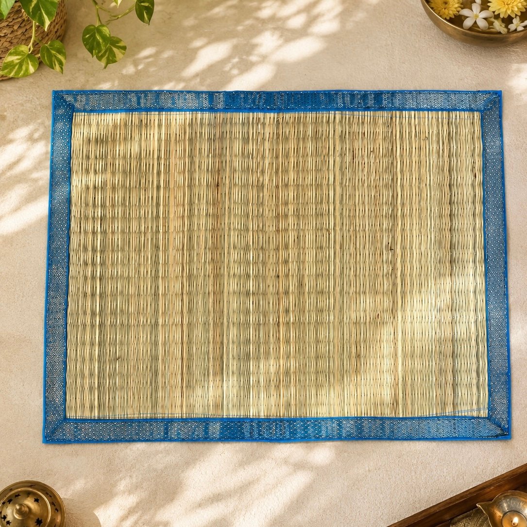 Decorative Korai Grass Mat with Zari Border (Blue)