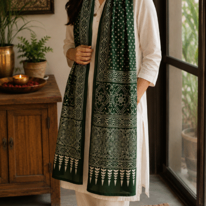 Mashru Silk Stole (Green Bandhini)