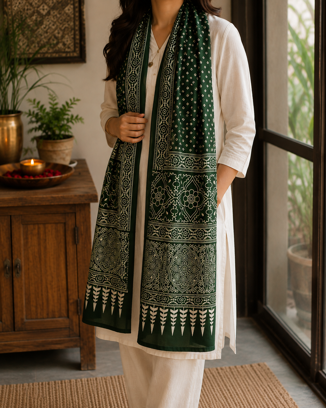 Mashru Silk Stole (Green Bandhini)