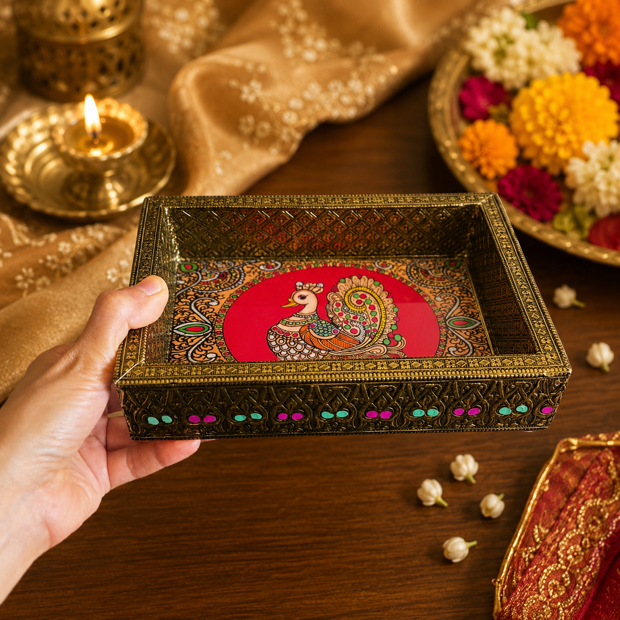 Decorative Tray & Haldi Kumkum Gift Set (Single Peacock) - Image 3