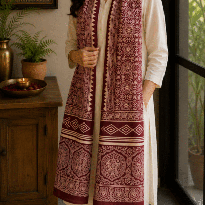 Mashru Silk Stole (Maroon Geometric)