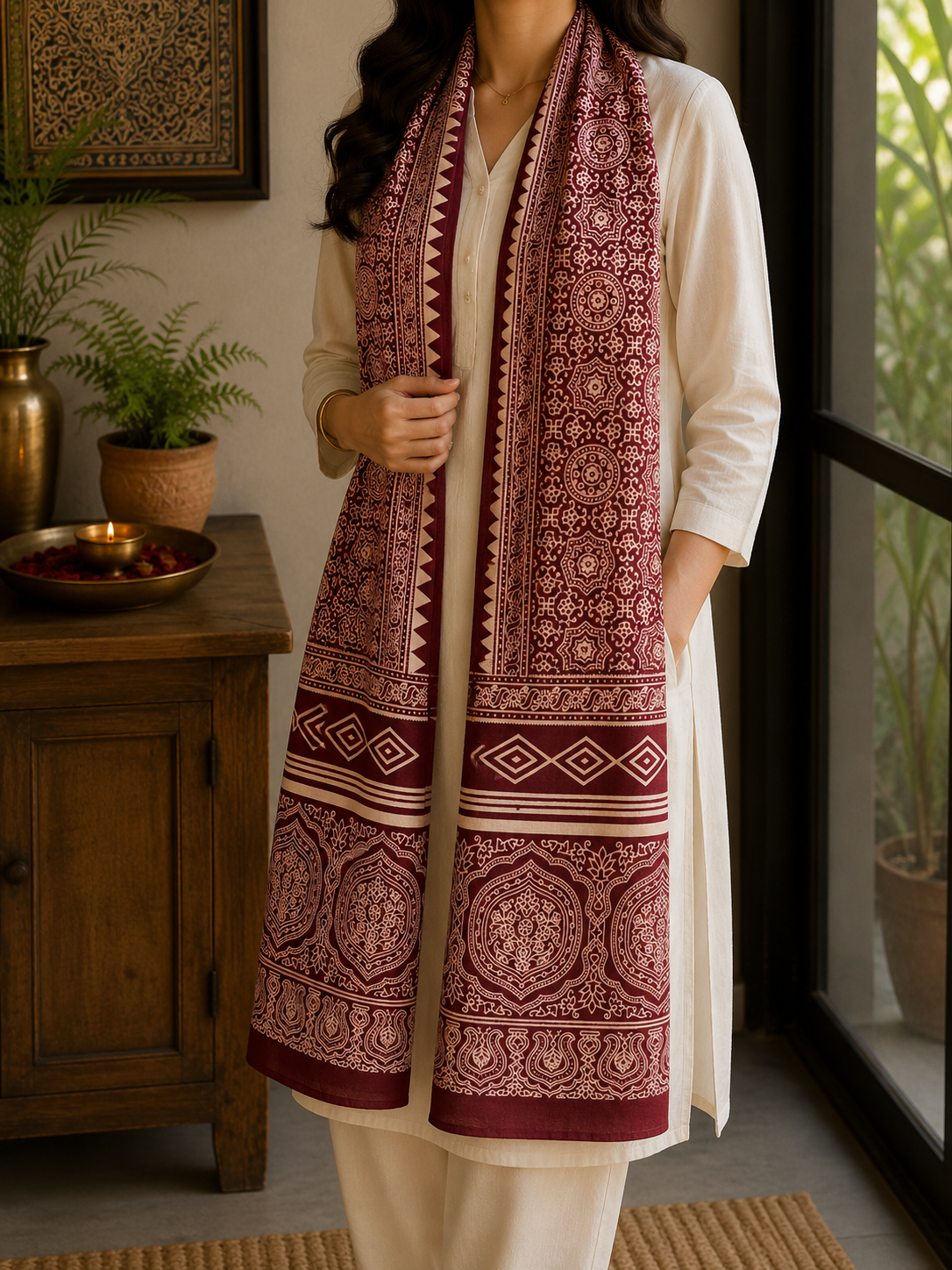 Mashru Silk Stole (Maroon Geometric)