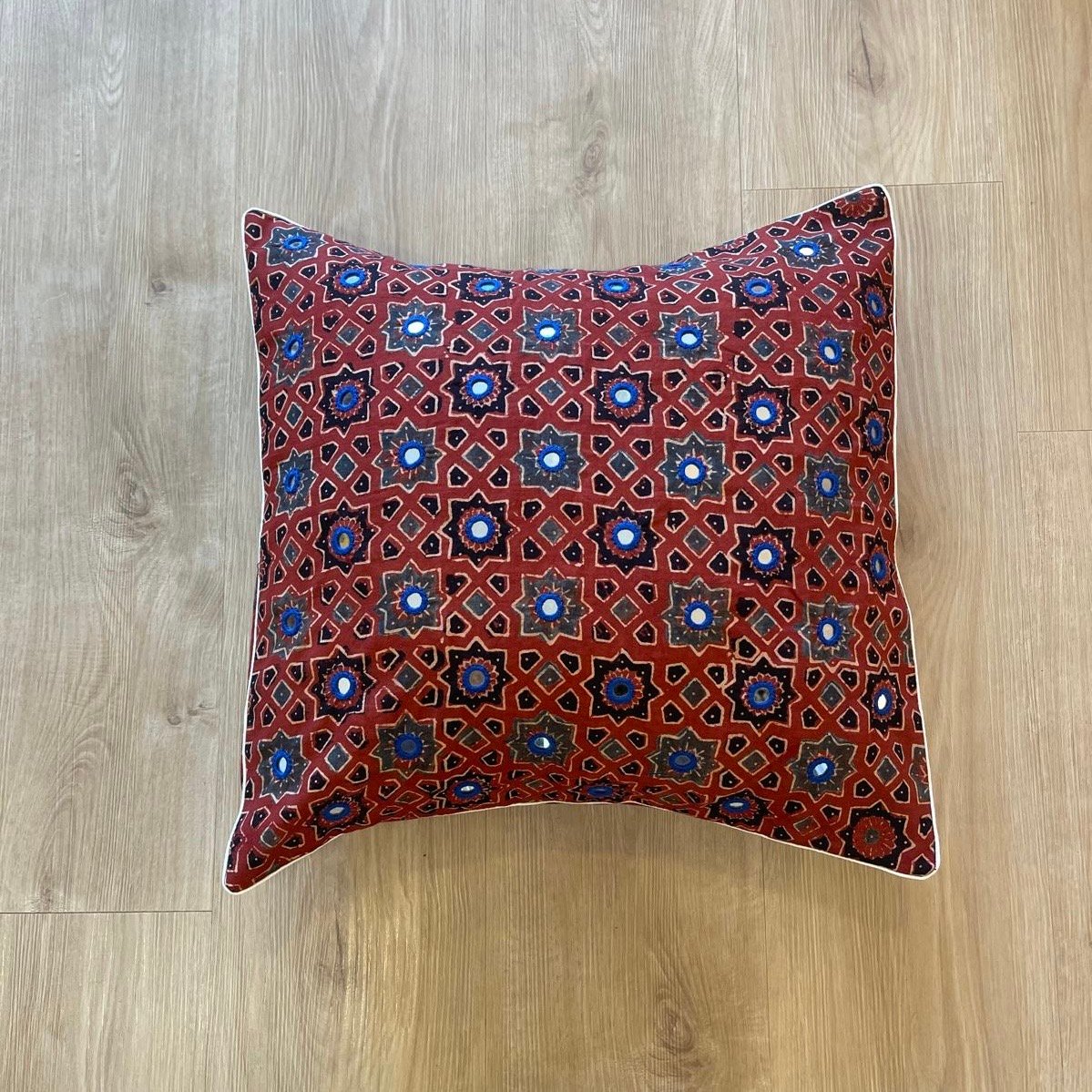 Cotton Ajrakh Mirror Work Cushion Cover (Red) - Image 3