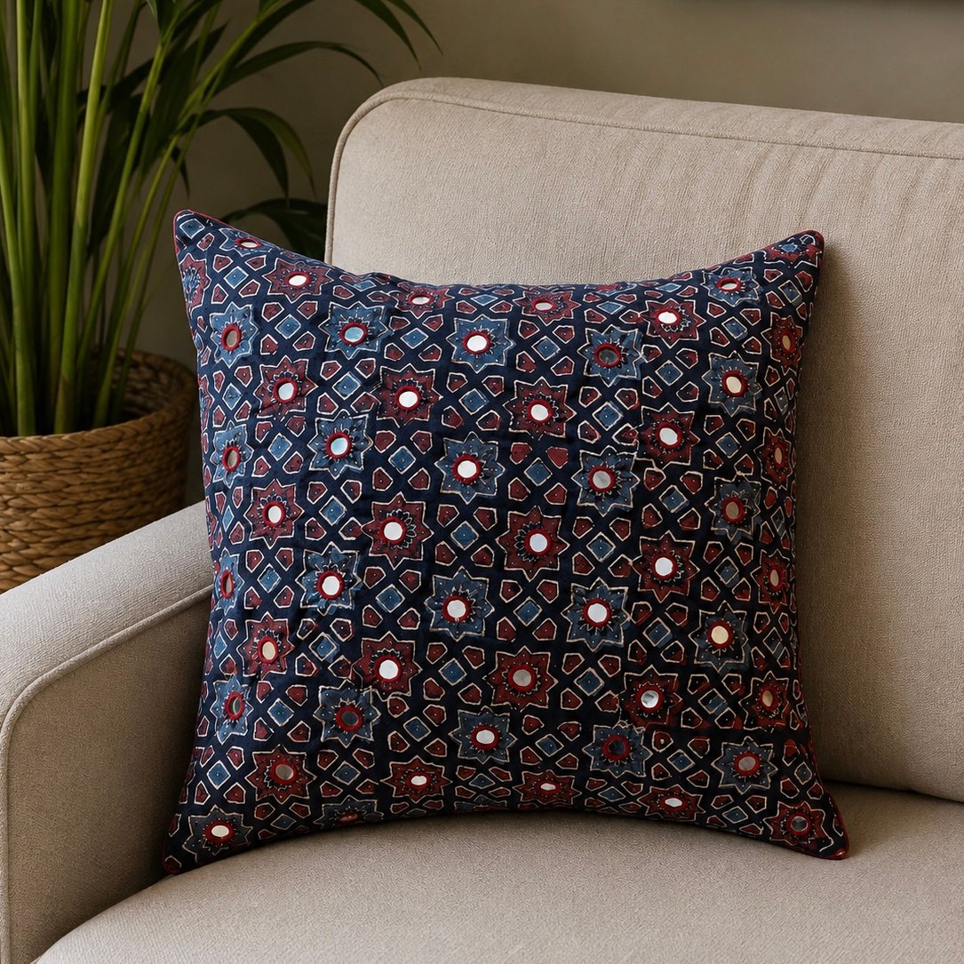 Cotton Ajrakh Mirror Work Cushion Cover (Black) - Image 2