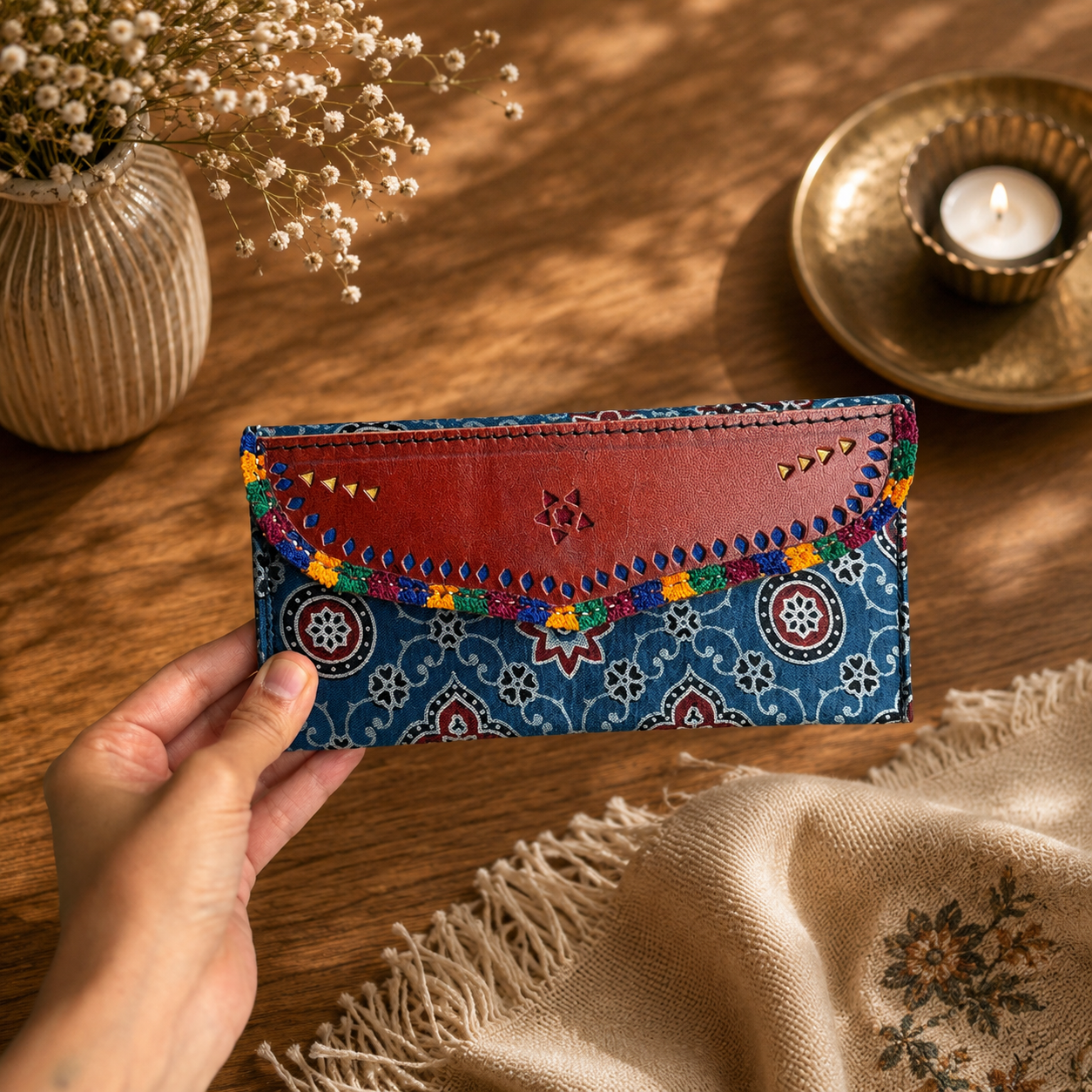Gaji Silk & Leather Cash Wallet (Blue Trellis) - Image 2