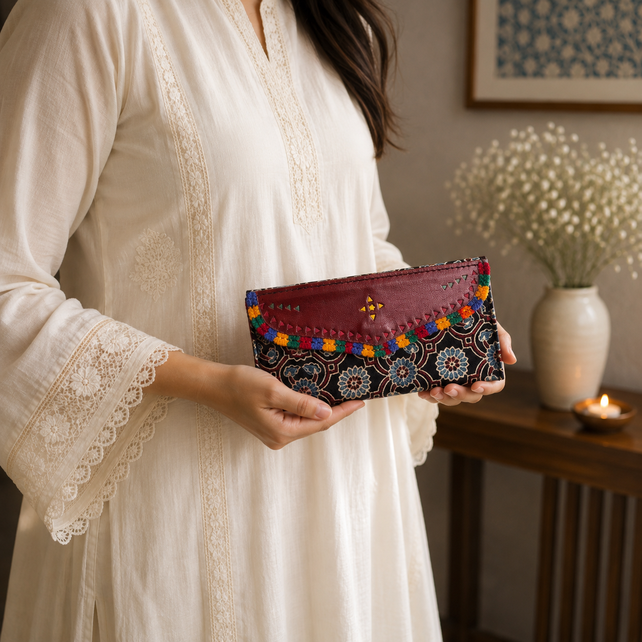 Gaji Silk & Leather Cash Wallet (Black Flower) - Image 2