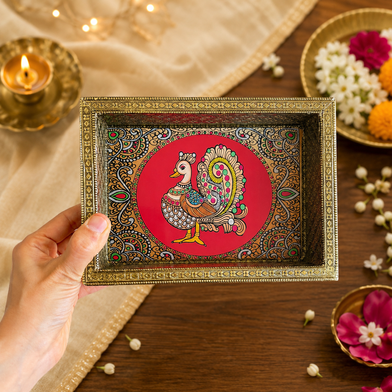 Decorative Tray & Haldi Kumkum Gift Set (Single Peacock) - Image 2